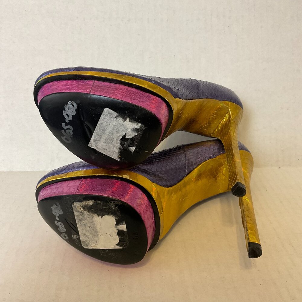 Brian Atwood Platform Stiletto Heels 6.5 Purple Gold Magenta Snakeskin Print - Picture 9 of 9